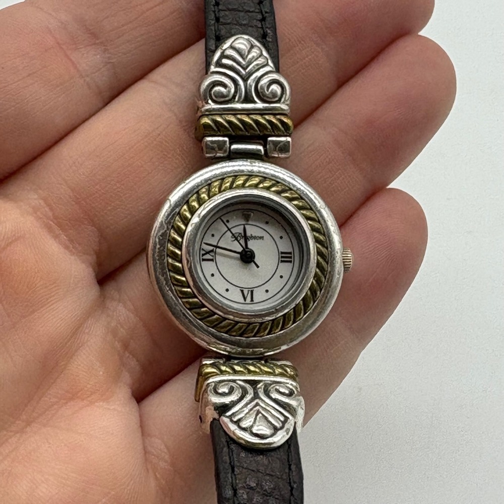 Brighton Stockholm Womens Watch Silver Gold Rope Black Leather Needs Battery